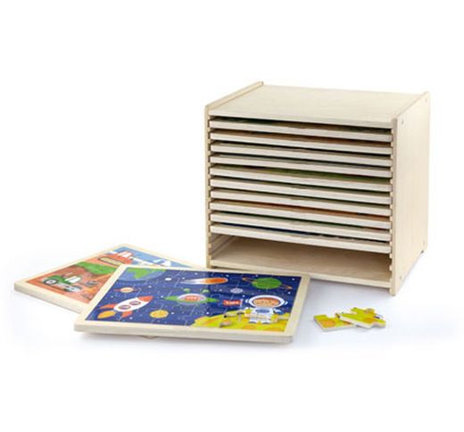 Gran set de 12 puzzles de 24  piezas con caja con estantes