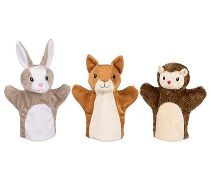 Marionetas de mano ardilla, conejo y erizo