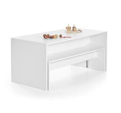 Conjunto de mesa y dos bancos infantiles de color blanco