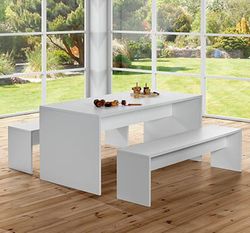 Conjunto de mesa y dos bancos infantiles de color blanco